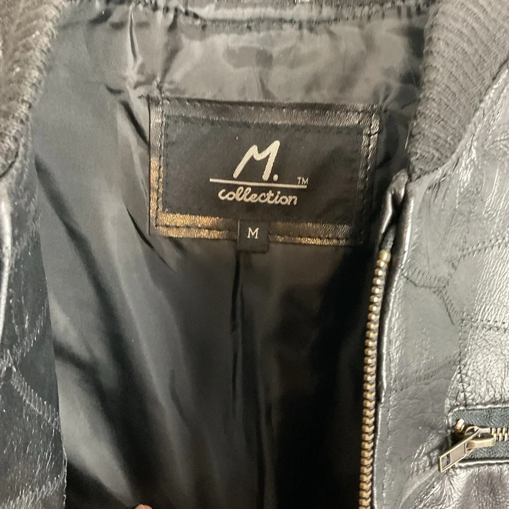 M. Collection Women’s Black Leather Patchwork Zip Up Bomber Jacket Sz Med